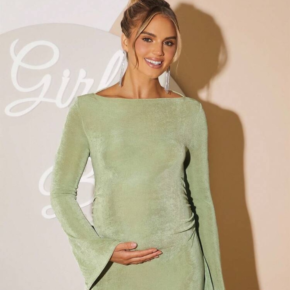 Sage Green Maternity Long Sleeve Floor Length Dress